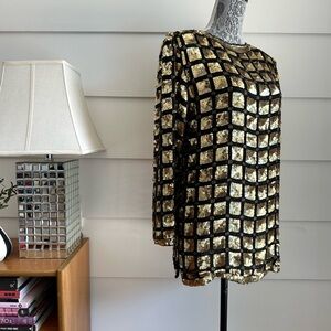 Vintage Sequin Windowpane Checkered Tunic Top black Gold